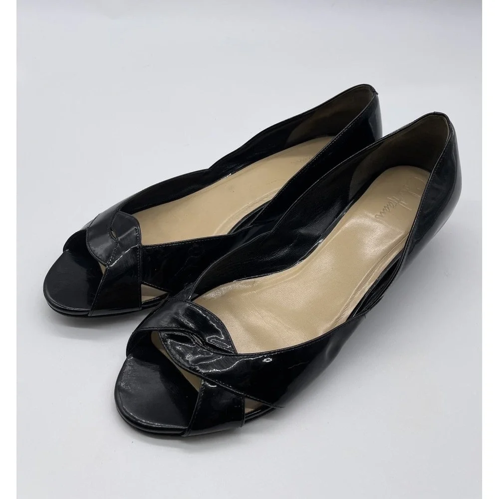Cole Haan Black Patent Leather Peep-Toe Wedge Flats